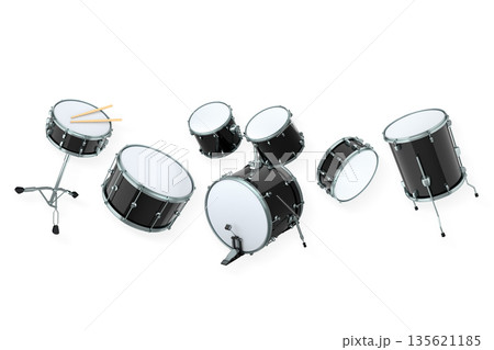Set of drums and drumset with metal cymbals on white background 135621185