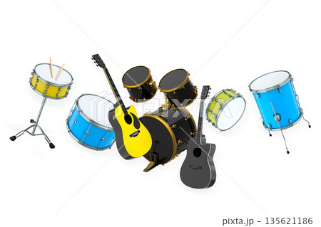 Set of electric acoustic guitars and drums with cymbals on white background 135621186