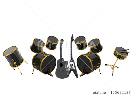 Set of electric acoustic guitars and drums with cymbals on white background 135621187