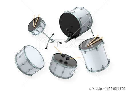 Set of drums and drumset with metal cymbals on white background Set of drums and drumset with metal cymbals on white background 135621191