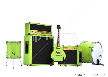 Set of electric acoustic guitars and drums with cymbals on white background Set of electric acoustic guitars and drums with cymbals on white background 135621193