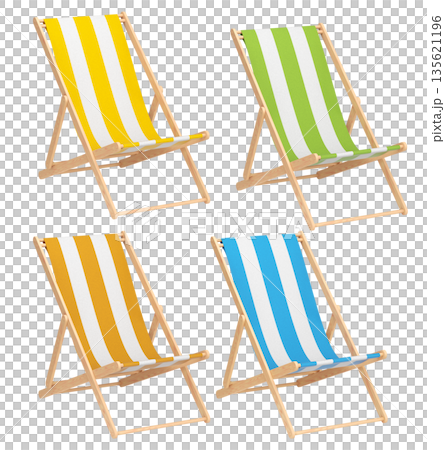 Set of striped beach chairs for summer getaways isolated on white background. Set of striped beach chairs for summer getaways isolated on white background. 135621196