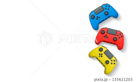 Wireless gaming controllers flying in air isolated on white background, symbolizing gaming technology concept Wireless gaming controllers flying in air isolated on white background, symbolizing gaming technology concept 135621203