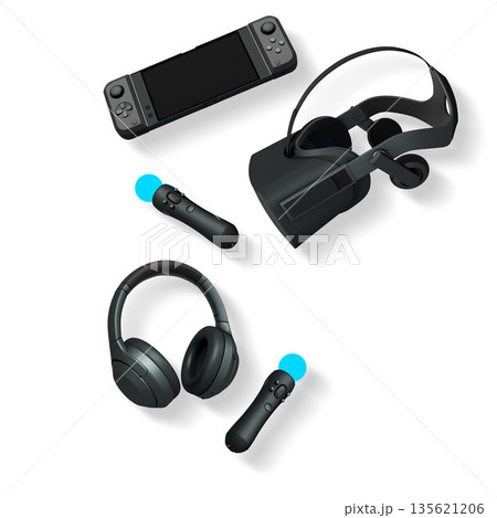 Gaming console, VR headset, wireless headphones, and motion controllers isolated on white background with clipping path Gaming console, VR headset, wireless headphones, and motion controllers isolated on white background with clipping path 135621206