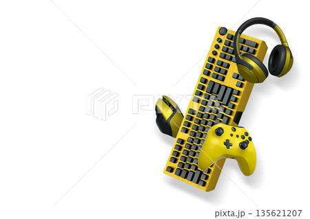 Gaming headset, console controller, ergonomic mouse, and RGB keyboard isolated on white background with clipping path Gaming headset, console controller, ergonomic mouse, and RGB keyboard isolated on white background with clipping path 135621207