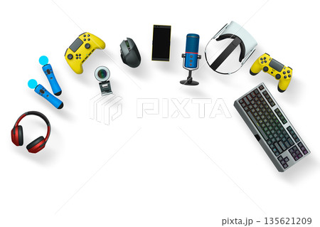Gaming gear assortment with controllers, keyboard, headset, mouse, and mic isolated on white background with clipping path 135621209