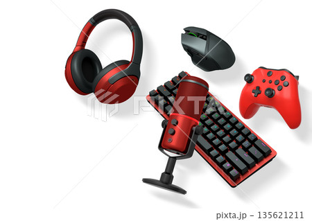 Gaming and streaming accessories including RGB keyboard, wireless mouse, headphones, mic, joystick on white background 135621211