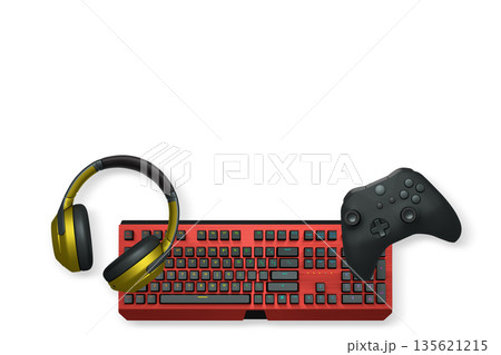 Gaming controller, RGB keyboard and headphones displayed in flat lay style isolated on white background with clipping path. 135621215