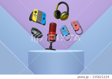 Gaming controllers, headphones, mouse, and microphone floating above pedestal or podium on pastel geometric background 135621224