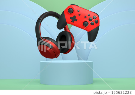 Wireless gaming controller and headphones displayed over podium on abstract background, concept of modern gaming technology Wireless gaming controller and headphones displayed over podium on abstract background, concept of modern gaming technology 135621228