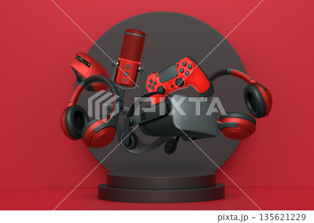 Collection of gaming gadgets like controllers, VR glasses, microphone and headphones over podium on abstract pastel background 135621229