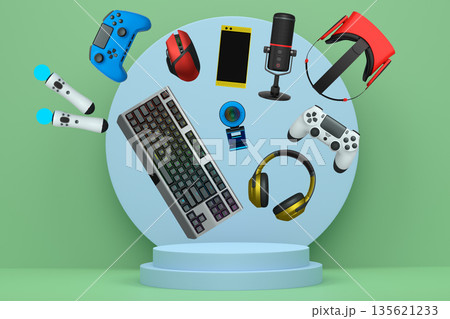 Multiple gaming devices and accessories floating above podium against abstract background, concept of modern gaming tech Multiple gaming devices and accessories floating above podium against abstract background, concept of modern gaming tech 135621233