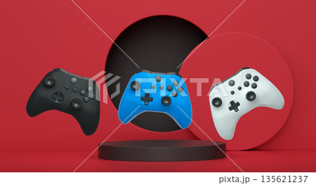 Colorful gaming controllers joystick levitating over podium against abstract background, minimalist concept device on pedestal 135621237