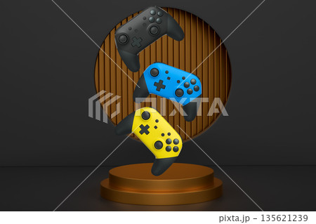 Colorful gaming controllers joystick levitating over podium against abstract background, minimalist concept device on pedestal Colorful gaming controllers joystick levitating over podium against abstract background, minimalist concept device on pedestal 135621239