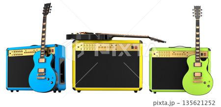 Set of amplifier with acoustic guitar isolated on white background. 135621252