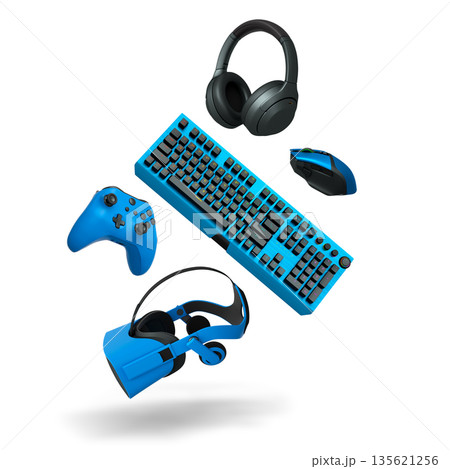 Gaming keyboard, mouse, controller and headphones floating in air, isolated on white background with clipping path. 135621256