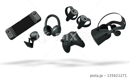 Floating gaming accessories like keyboard, mouse, controller, headset and VR goggles on white background with clipping path Floating gaming accessories like keyboard, mouse, controller, headset and VR goggles on white background with clipping path 135621271