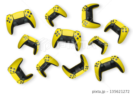 Wireless gaming controllers flying in air isolated on white background, symbolizing gaming technology concept 135621272