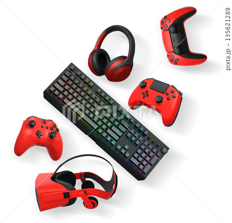 Gaming keyboard with RGB lighting, controllers, VR headset, and headphones isolated on white background with clipping path Gaming keyboard with RGB lighting, controllers, VR headset, and headphones isolated on white background with clipping path 135621289