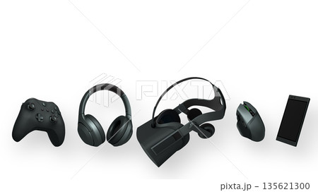 Gaming controller, headphones, VR headset, mouse, and smartphone isolated on white background with clipping path Gaming controller, headphones, VR headset, mouse, and smartphone isolated on white background with clipping path 135621300