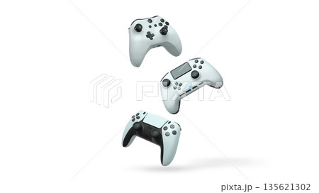 Wireless gaming controllers flying in air isolated on white background, symbolizing gaming technology concept Wireless gaming controllers flying in air isolated on white background, symbolizing gaming technology concept 135621302