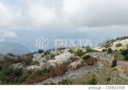 A remote mountain road curves along rugged slopes, dotted with shrubs and trees 135621308