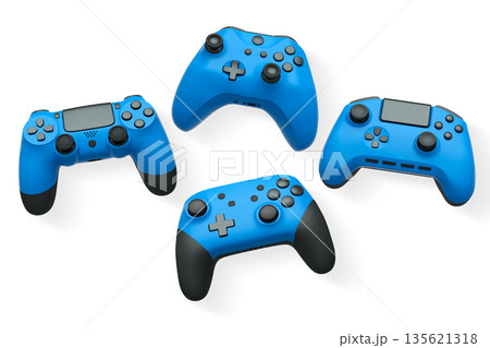 Wireless gaming controllers flying in air isolated on white background, symbolizing gaming technology concept 135621318