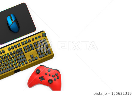 Gaming keyboard with RGB lights, wireless mouse on mousepad, and controller isolated on white background, concept of gaming setup Gaming keyboard with RGB lights, wireless mouse on mousepad, and controller isolated on white background, concept of gaming setup 135621319