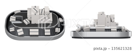 Set of Airport conveyor belt or baggage claim area with cardboard boxes or cartons 135621328