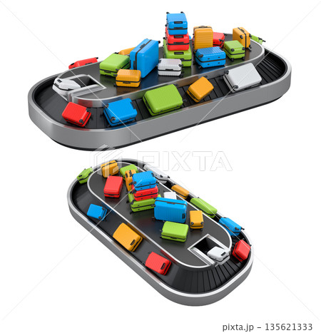 Set of Airport luggage conveyor belt or baggage claim area with suitcases on white. 135621333
