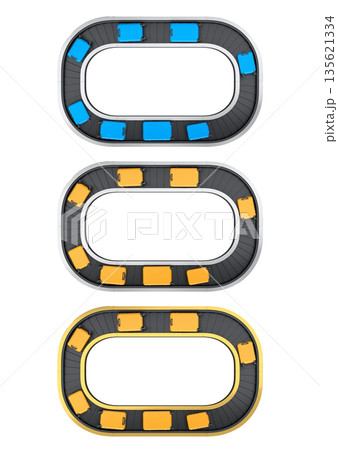 Set of Airport luggage conveyor belt or baggage claim area with suitcases on white. 135621334