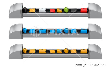 Set of Airport luggage conveyor belt or baggage claim area with suitcases on white. 135621349