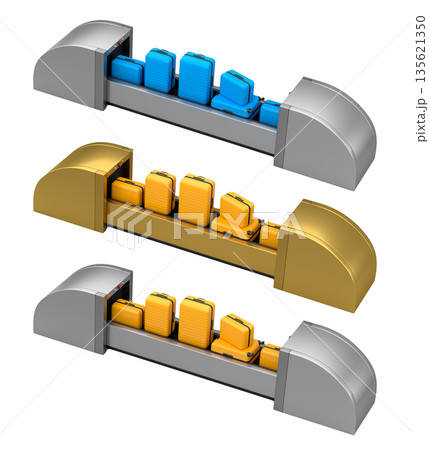 Set of Airport luggage conveyor belt or baggage claim area with suitcases on white. Set of Airport luggage conveyor belt or baggage claim area with suitcases on white. 135621350