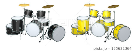 Set of realistic drums with metal cymbals or drumset on white background Set of realistic drums with metal cymbals or drumset on white background 135621364