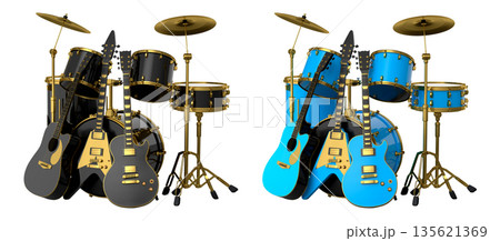 Set of realistic drums with metal cymbals on stand and acoustic guitars on white Set of realistic drums with metal cymbals on stand and acoustic guitars on white 135621369