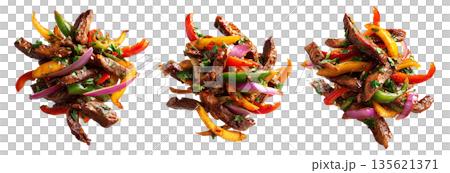 Peru Lomo Saltado stir-fried beef strips with bell peppers, onions, and fries isolated on white background, South American Cuisine Peru Lomo Saltado stir-fried beef strips with bell peppers, onions, and fries isolated on white background, South American Cuisine 135621371