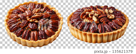 Sweet glazed pecan tart pie with golden crust and caramelized nut topping, isolated on white background, concept of dessert 135621379