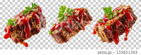Meatloaf slice topped with ketchup and garnished with parsley, isolated on white transparent background Meatloaf slice topped with ketchup and garnished with parsley, isolated on white transparent background 135621383