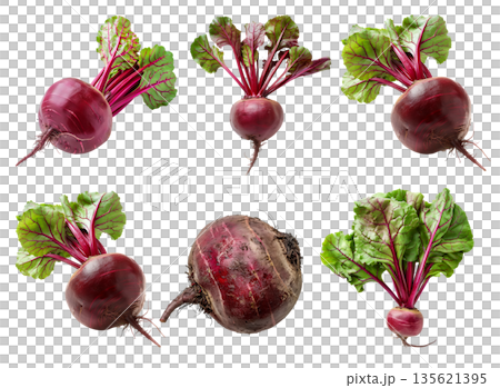 Set of Fresh red beetroot with its green leaves isolated against a white background Set of Fresh red beetroot with its green leaves isolated against a white background 135621395