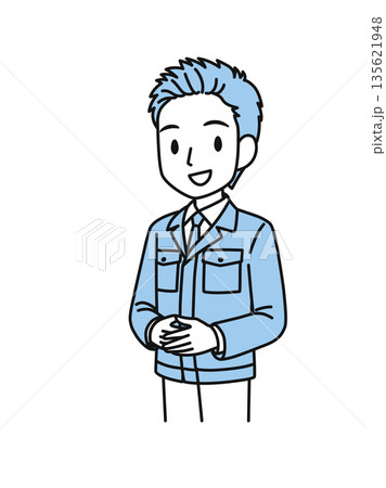 両手を前で組んでかしこまる作業服の技術職の男性のイラスト素材 両手を前で組んでかしこまる作業服の技術職の男性のイラスト素材 135621948