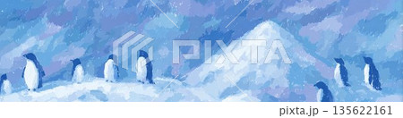 雪山とペンギンの幻想的なイラスト風景背景 雪山とペンギンの幻想的なイラスト風景背景 135622161