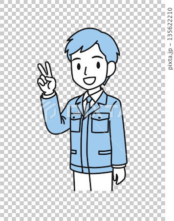 Illustration material of a man in a technical occupation wearing work clothes making a peace sign Illustration material of a man in a technical occupation wearing work clothes making a peace sign 135622210