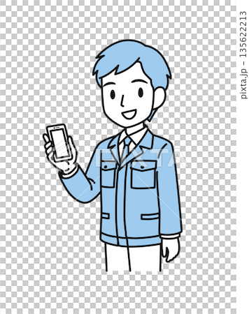 插畫素材：一名身穿工作服、從事技術工作的男子手持智慧型手機 135622213