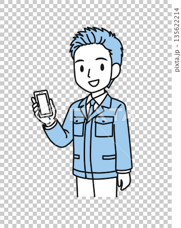 插畫素材：一名身穿工作服、從事技術工作的男子手持智慧型手機 135622214