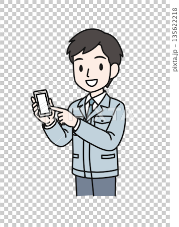 插畫素材:一名身穿工作服的男性技術人員正指著一部智慧型手機 插畫素材:一名身穿工作服的男性技術人員正指著一部智慧型手機 135622218