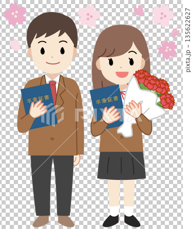 Illustration of male and female students with diplomas attending a graduation ceremony 135622627
