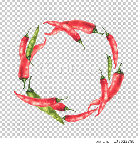 Watercolor hot chilli pepper circle frame. Green and red whole vegetable wreath Hand drawn realistic illustrations Organic cayenne seasoning spice for food for menu, label. Isolated from background Watercolor hot chilli pepper circle frame. Green and red whole vegetable wreath Hand drawn realistic illustrations Organic cayenne seasoning spice for food for menu, label. Isolated from background 135622889