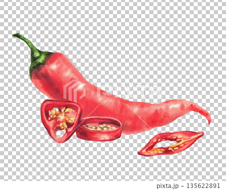Watercolor red hot chili pepper, whole and cut pods round sliced with seeds. Spicy vegetable food spices clipart. Hand drawn illustration isolated from background for sauces label, cooking recipes 135622891