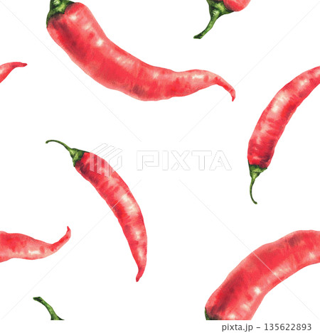 Watercolor chili pepper seamless pattern. Red whole vegetables pods with green stem. Hot spice realistic painting seasoning for food, kitchen fabric design print Isolated from background illustration. 135622893