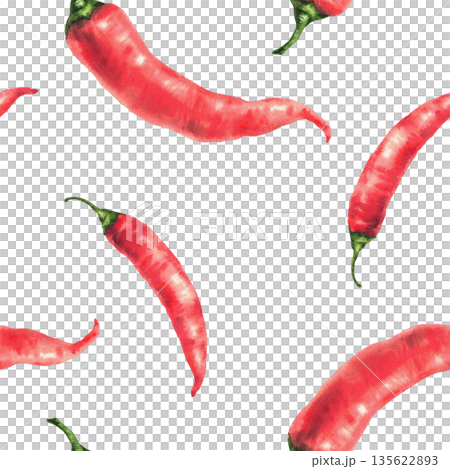 Watercolor chili pepper seamless pattern. Red whole vegetables pods with green stem. Hot spice realistic painting seasoning for food, kitchen fabric design print Isolated from background illustration. 135622893